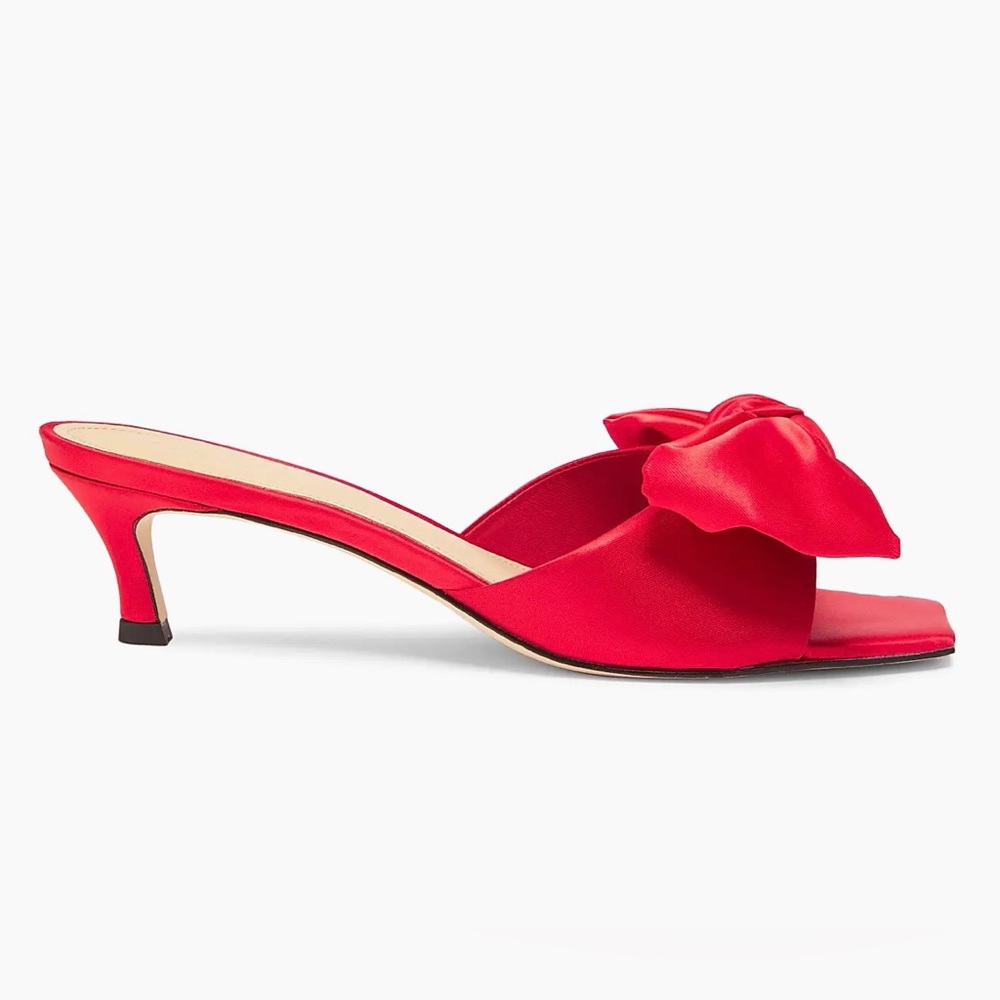 🆕NWT 22 eleve Vibrant Red Satin Mules with Kitten Heel and bow 🎀